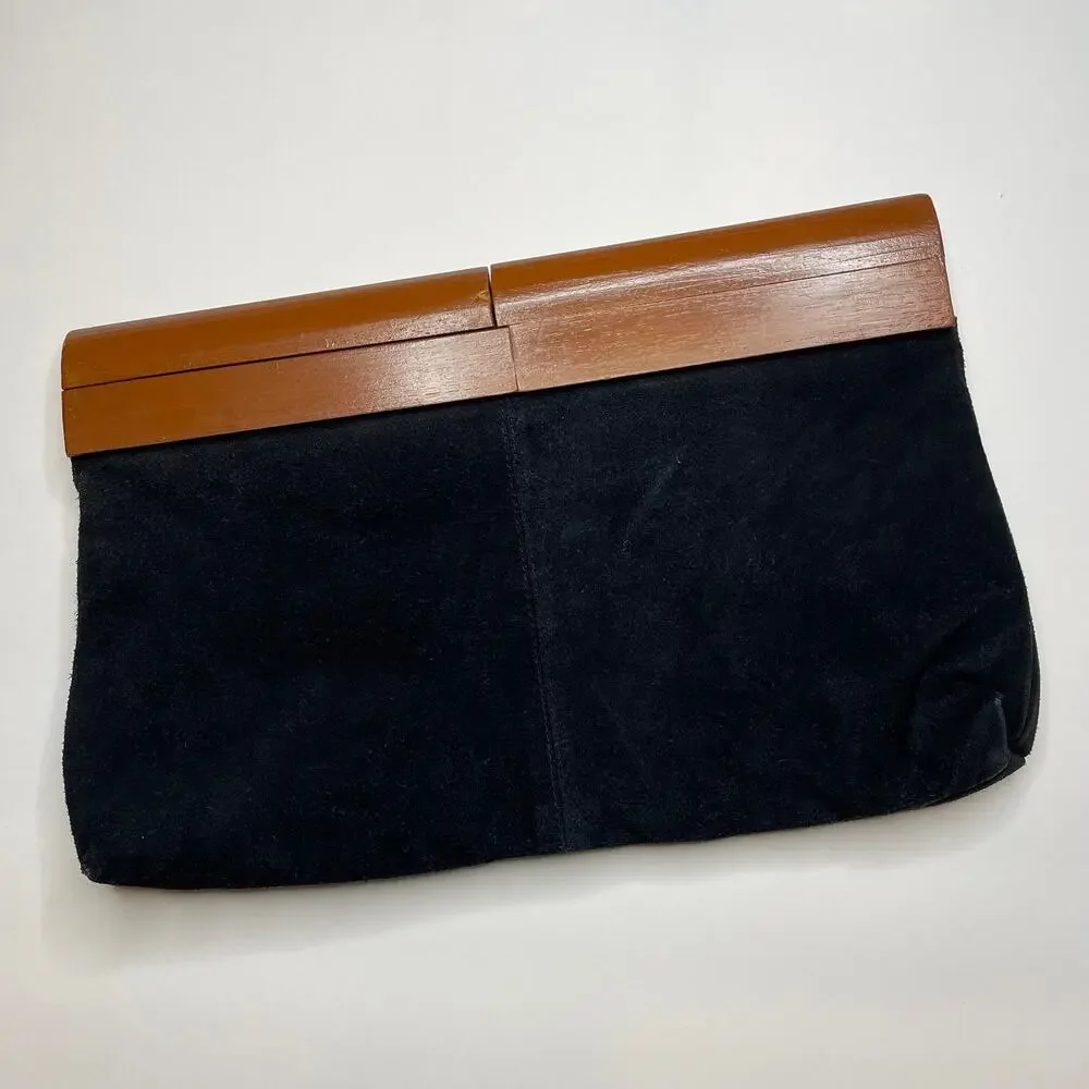 Vintage Black Suede Floral Leather Wood Handle Large Clutch Purse XC